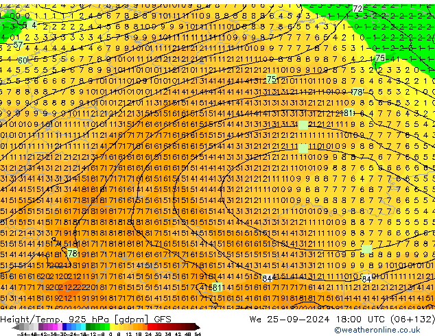 Height/Temp. 925 hPa GFS We 25.09.2024 18 UTC