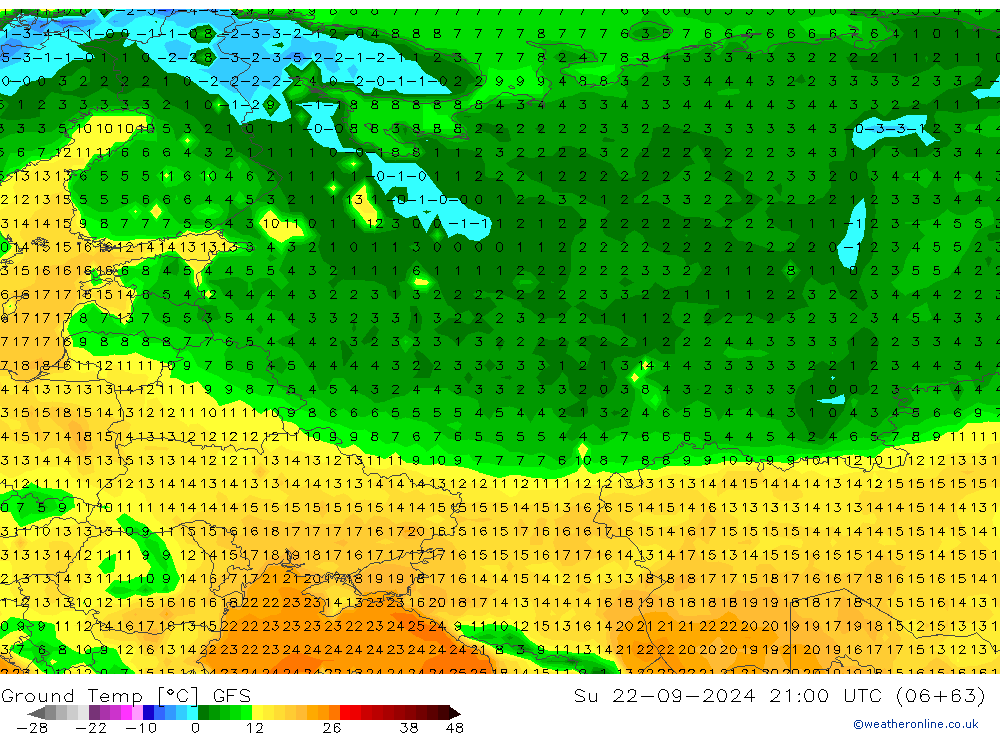 Temperatura del suelo GFS dom 22.09.2024 21 UTC