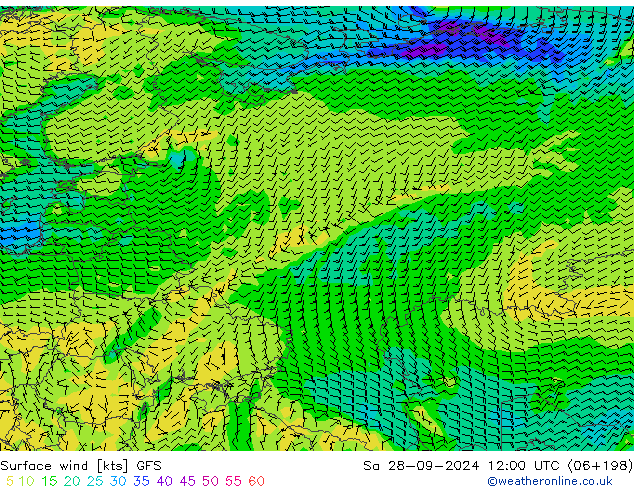 wiatr 10 m GFS so. 28.09.2024 12 UTC