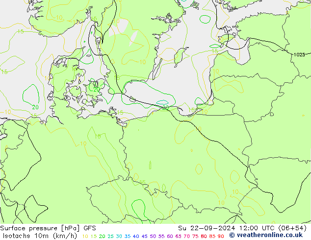 Izotacha (km/godz) GFS nie. 22.09.2024 12 UTC