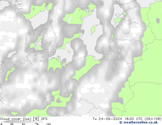 Cloud cover (low) GFS Tu 24.09.2024 18 UTC