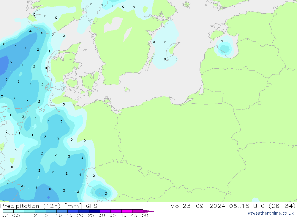 Precipitation (12h) GFS Mo 23.09.2024 18 UTC