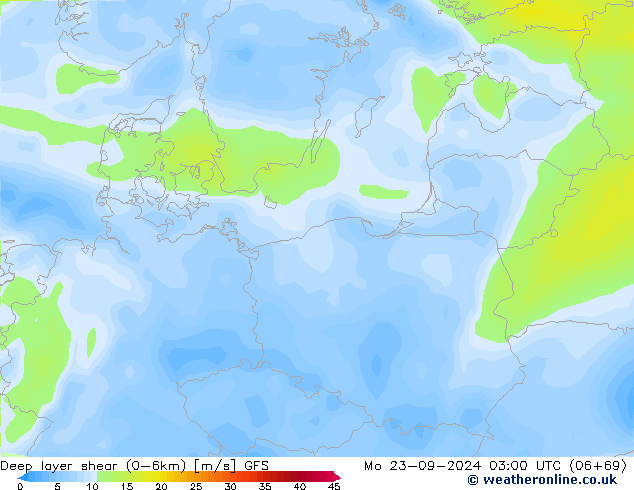 Deep layer shear (0-6km) GFS Mo 23.09.2024 03 UTC