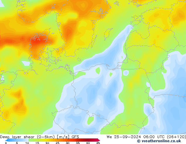 Deep layer shear (0-6km) GFS Çar 25.09.2024 06 UTC