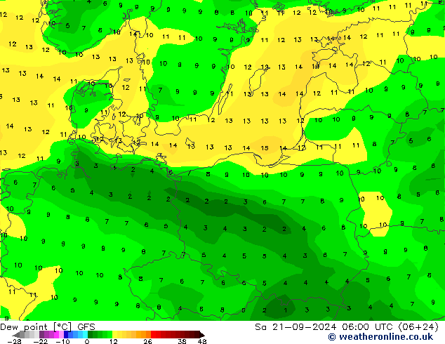 Ponto de orvalho GFS Sáb 21.09.2024 06 UTC