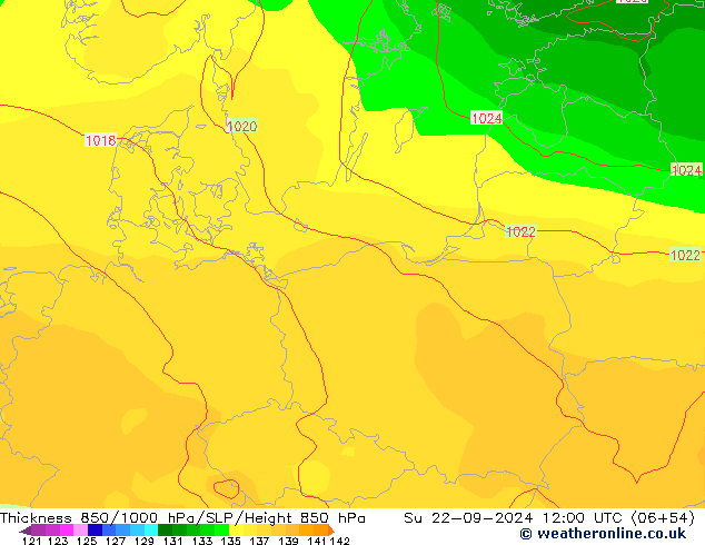 Thck 850-1000 hPa GFS nie. 22.09.2024 12 UTC