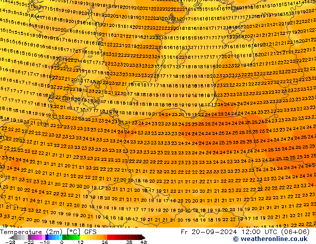 mapa temperatury (2m) GFS pt. 20.09.2024 12 UTC