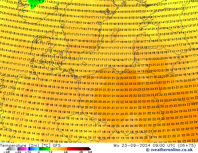 Temperature (2m) GFS Mo 23.09.2024 09 UTC