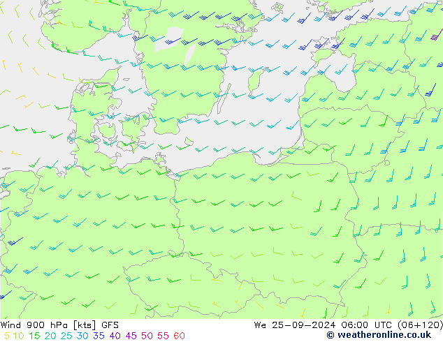 Vento 900 hPa GFS mer 25.09.2024 06 UTC