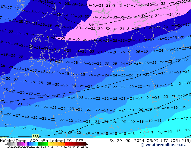 Z500/Rain (+SLP)/Z850 GFS  29.09.2024 06 UTC