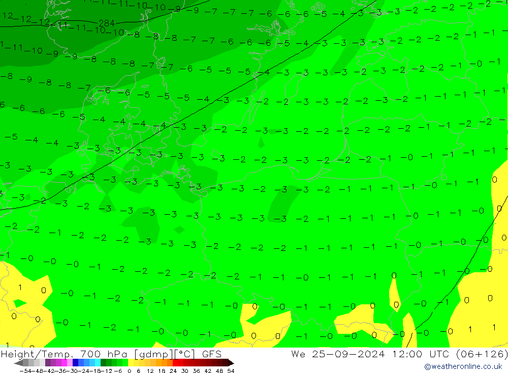 Height/Temp. 700 hPa GFS We 25.09.2024 12 UTC