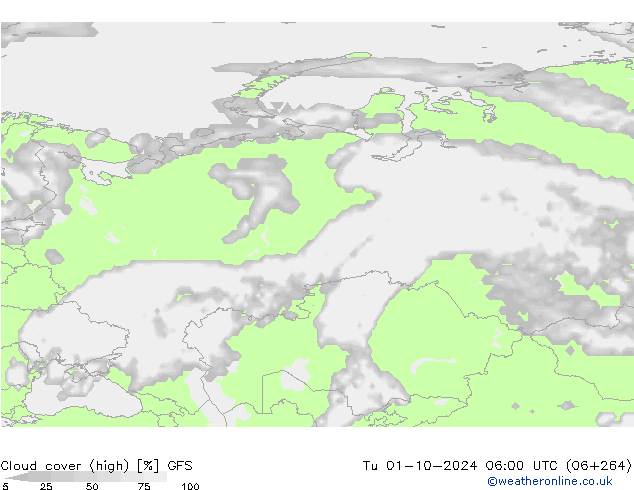 Cloud cover (high) GFS Tu 01.10.2024 06 UTC