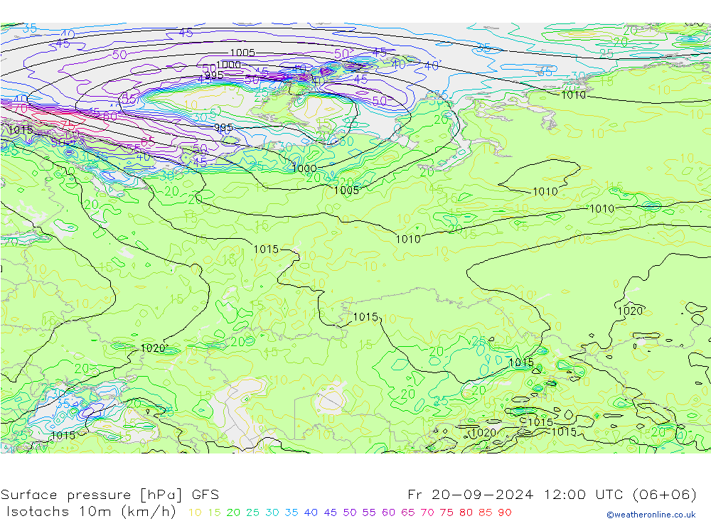 Isotachs (kph) GFS Fr 20.09.2024 12 UTC