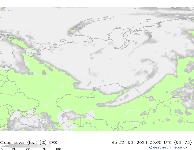 Cloud cover (low) GFS Mo 23.09.2024 09 UTC