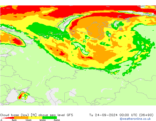 Cloud base (low) GFS Tu 24.09.2024 00 UTC