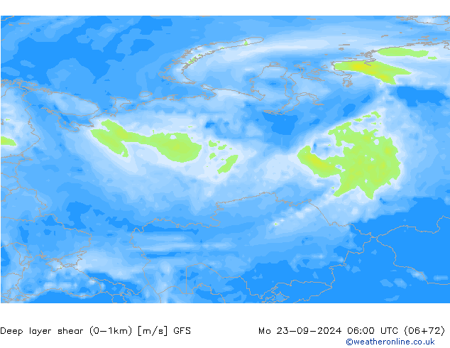 Deep layer shear (0-1km) GFS Po 23.09.2024 06 UTC