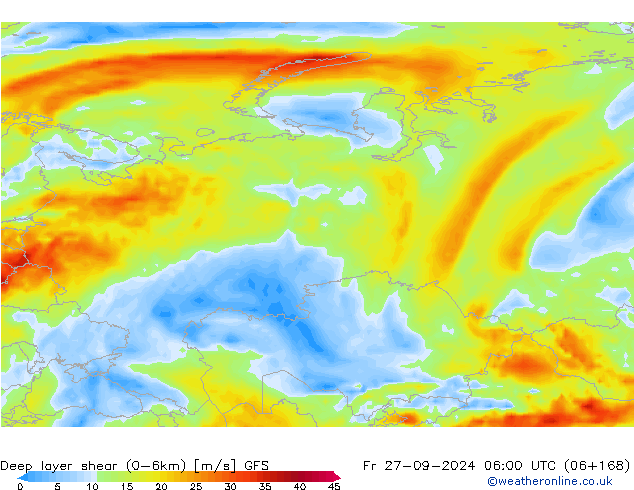 Deep layer shear (0-6km) GFS ven 27.09.2024 06 UTC