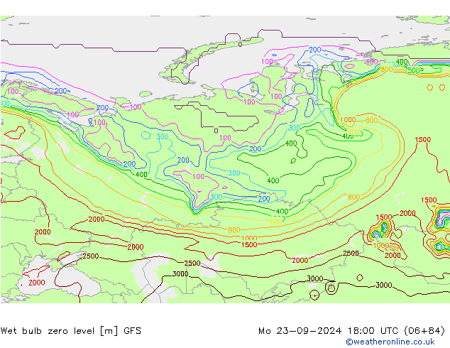 Wet bulb zero level GFS Mo 23.09.2024 18 UTC