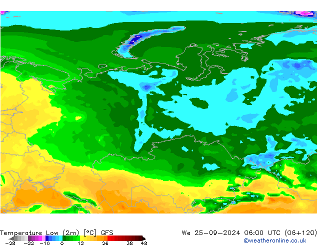 Min. Temperatura (2m) GFS śro. 25.09.2024 06 UTC