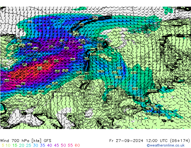 wiatr 700 hPa GFS pt. 27.09.2024 12 UTC