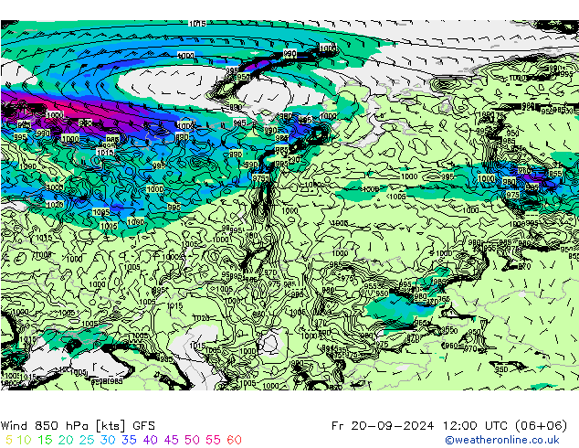 Rüzgar 850 hPa GFS Cu 20.09.2024 12 UTC