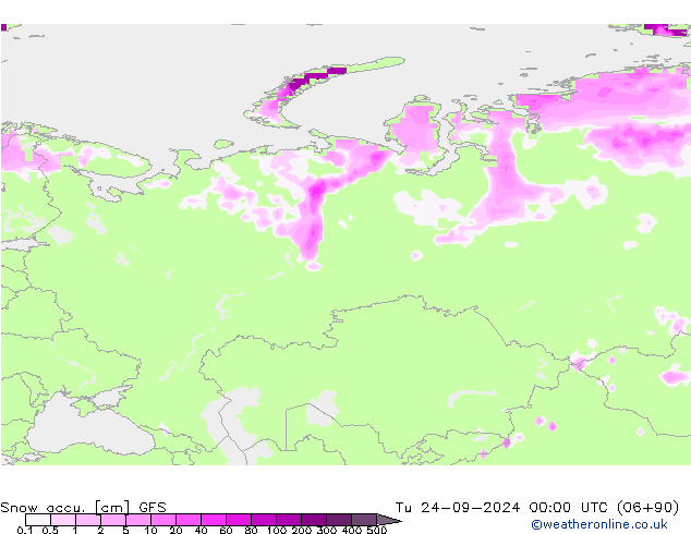 Snow accu. GFS Tu 24.09.2024 00 UTC