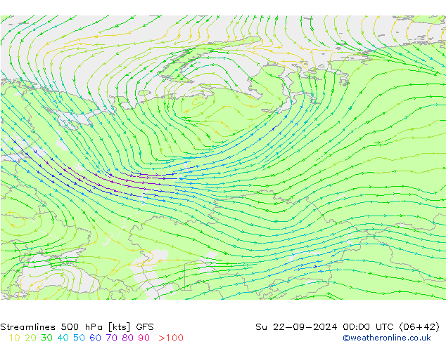 Streamlines 500 hPa GFS Ne 22.09.2024 00 UTC