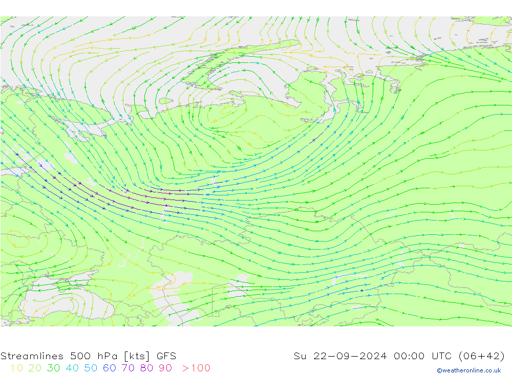 Streamlines 500 hPa GFS Ne 22.09.2024 00 UTC