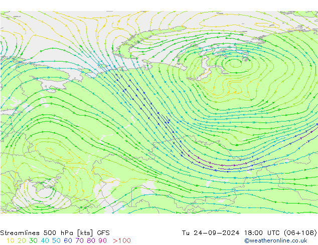 Streamlines 500 hPa GFS Tu 24.09.2024 18 UTC