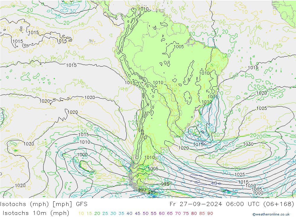 Isotaca (mph) GFS vie 27.09.2024 06 UTC