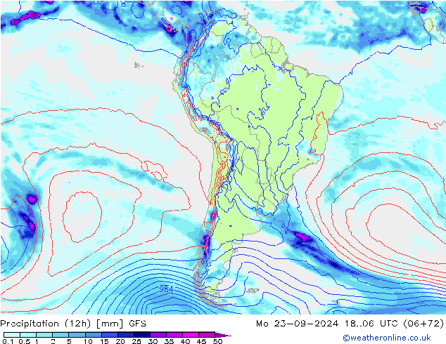 Totale neerslag (12h) GFS ma 23.09.2024 06 UTC