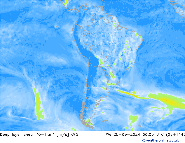 Deep layer shear (0-1km) GFS mer 25.09.2024 00 UTC