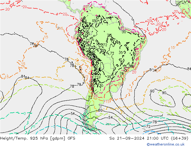 Height/Temp. 925 hPa GFS Sa 21.09.2024 21 UTC