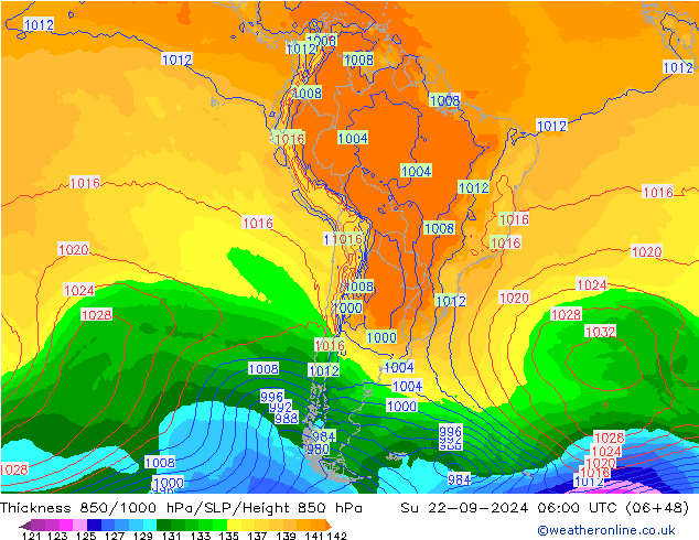 Dikte 850-1000 hPa GFS zo 22.09.2024 06 UTC