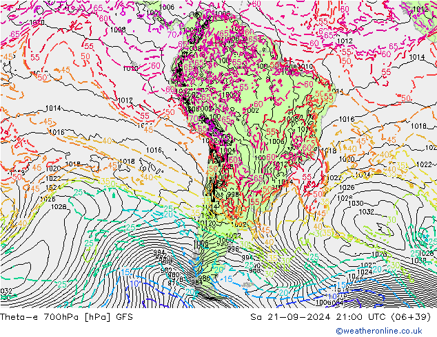 Theta-e 700hPa GFS Sa 21.09.2024 21 UTC