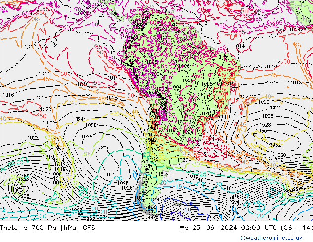 Theta-e 700hPa GFS wo 25.09.2024 00 UTC