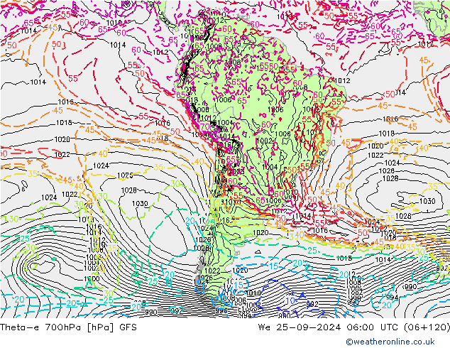 Theta-e 700hPa GFS We 25.09.2024 06 UTC