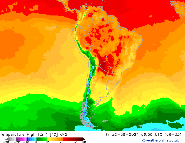 Temperature High (2m) GFS Fr 20.09.2024 09 UTC