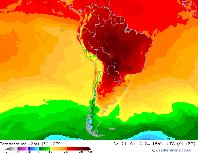 Temperature (2m) GFS Sa 21.09.2024 15 UTC