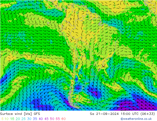 Surface wind GFS Sa 21.09.2024 15 UTC