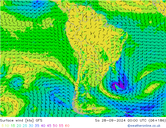 wiatr 10 m GFS so. 28.09.2024 00 UTC