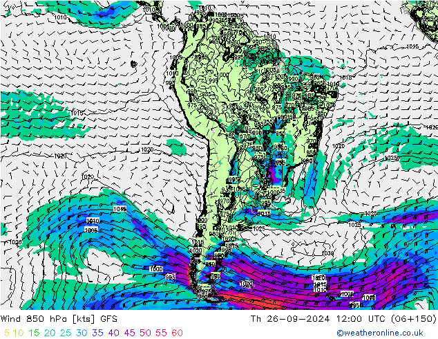 Wind 850 hPa GFS Čt 26.09.2024 12 UTC