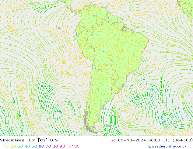 Streamlines 10m GFS Sa 05.10.2024 06 UTC