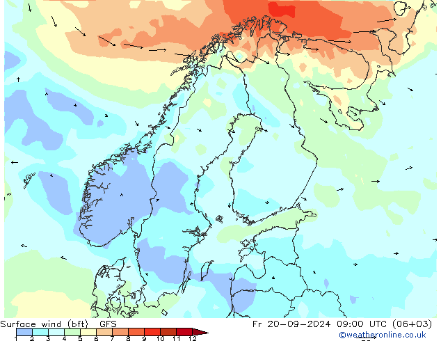 Surface wind (bft) GFS Pá 20.09.2024 09 UTC