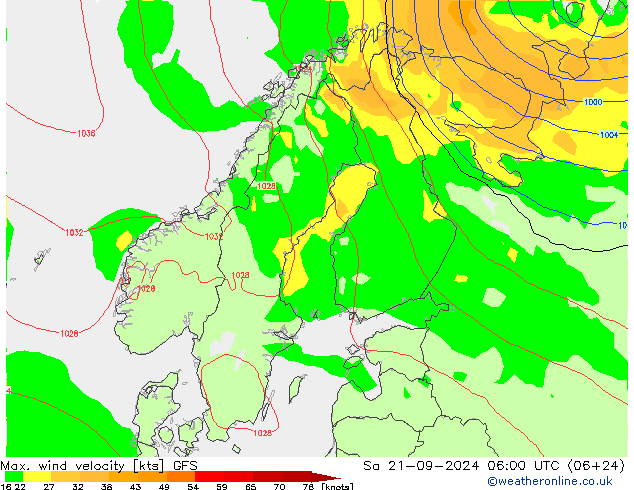 Max. wind velocity GFS sáb 21.09.2024 06 UTC