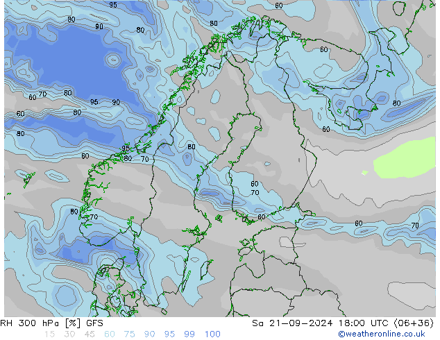 RH 300 гПа GFS сб 21.09.2024 18 UTC