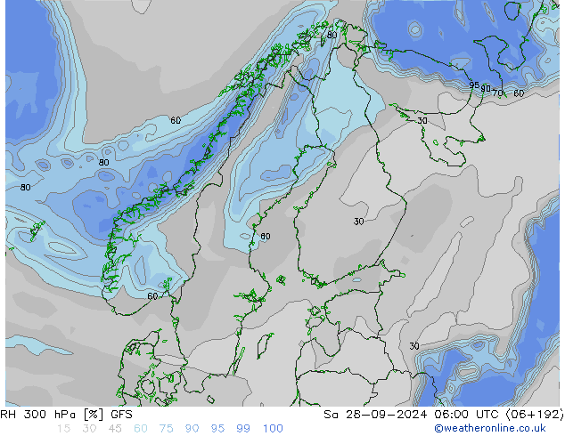 RH 300 hPa GFS Sa 28.09.2024 06 UTC