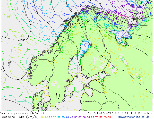 Isotachen (km/h) GFS Sa 21.09.2024 00 UTC