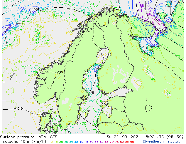 Izotacha (km/godz) GFS nie. 22.09.2024 18 UTC