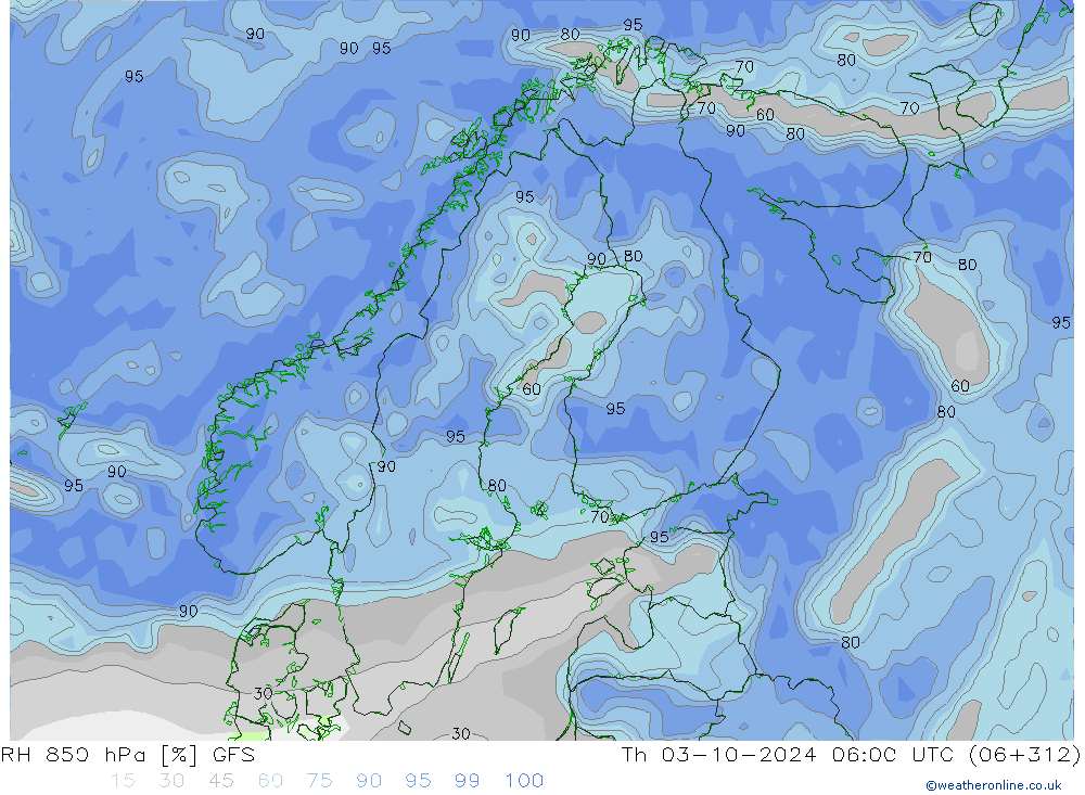 RH 850 hPa GFS gio 03.10.2024 06 UTC